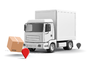Delivery truck with a white box trailer, two cardboard boxes in front, and a red location pin indicating delivery location.